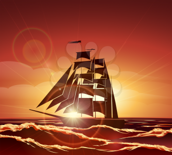 Sailing boat at Sunset. Colorful illustration.