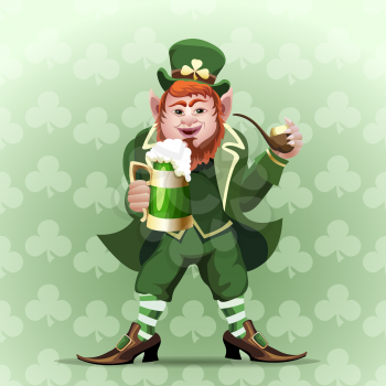 Illustration of smiling leprechaun with green beer mug and smoking pipe