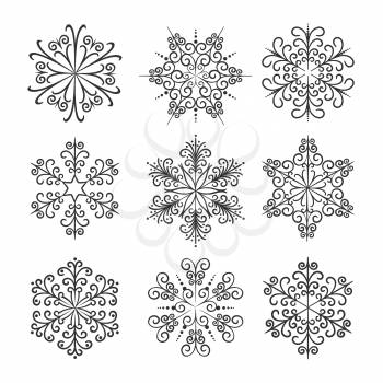 Hand drawn snowflake icon set. Monochrome isolated on white.