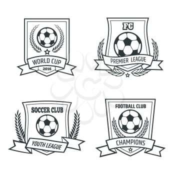 Set of soccer or football emblems. Shields with balls and ribbons. Free font used. Isolated on white.