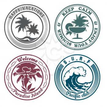 Set of summer holidays stamps or seal with design elements. Palm trees, cocktail, hula dancer, surf wave. Isolated on white background. No gradient used.