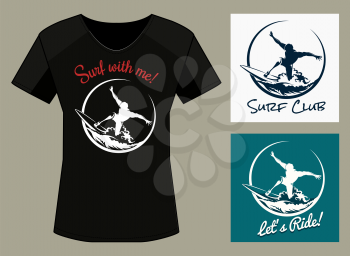 T-Shirt Print in three color variations. Surfer Club Print Design with samples of text. Only free font used. 