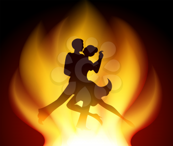 Colorful illustration of tango dancers in a tips of flame.