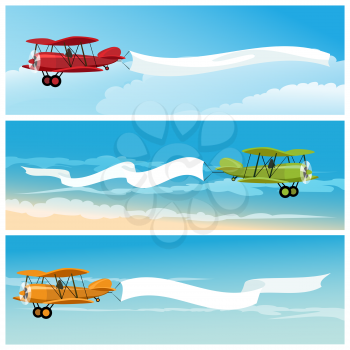 Set of flying airplanes with empty banners for your text. Isolated on white background.