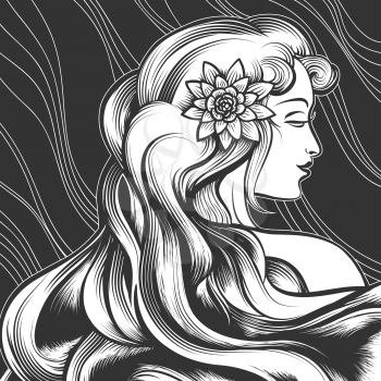 The beautiful woman with a flower in hair. Engraving style. Monochrome illustration.