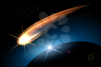 Glowing comet in space and planet surface. Colorful illustration.