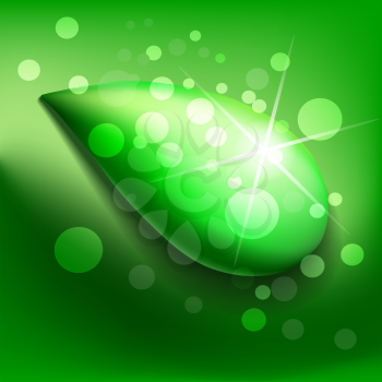 Dew drop with sparkle and bubbles on green background.