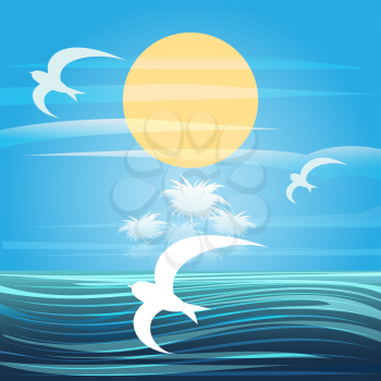 Sunny seascape with flying seagulls and tropical island
