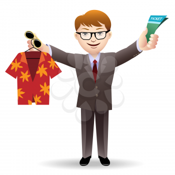 Joyful young man in office suit with ticket, tropical shirt and sunglasses in hands. Isolated on white background.