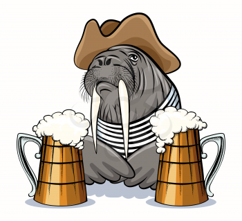 Humorous illustration of walrus with mugs full of beer. Isolated on white background.