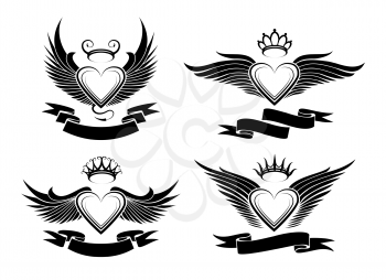 Set of winged hearts in tribal style. Wings, crowns and empty banners for your text. Monochrome isolated on white background.