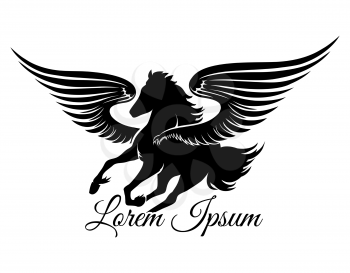 Winged stallion logo or emblem. Isolated on white background. Free font Great Vibes used.