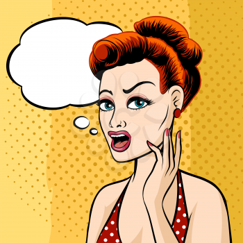 Woman Face with Speech Bubble drawn Pop Art Style.