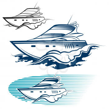 Yacht Emblem Set. Motor speedboat and wave. Isolated on white background.