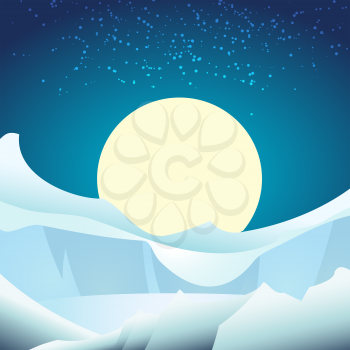 A vector illustration of arctic glacier landscape against full moon in the sky
