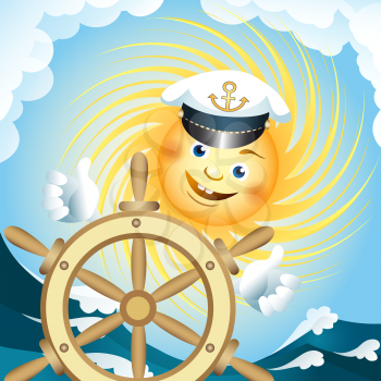 A vector illustration of sun in captain hat and steering wheel