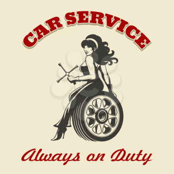 Beautiful girl mechanic sitting on a wheel. Car Service emblem or poster in retro style. Free font used.
