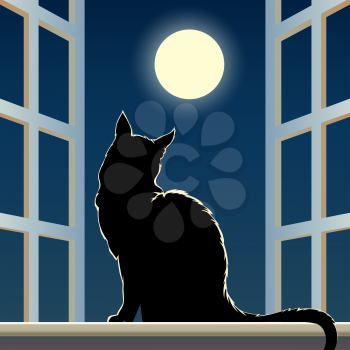 Vector illustration of black feline sits on a window sill against full moon in the midnight sky