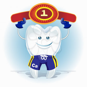 A vector illustration of healthy tooth in fighter pants and gloves with winner award