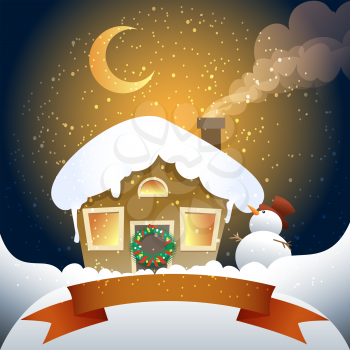 A vector illustration of village hut with wrench on a door and snowman against empty banner