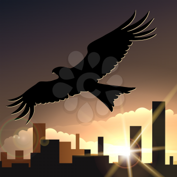 Illustration of flying eagle against sunset sityscape 
