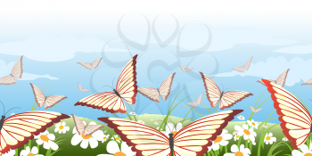 horizontal seamless pattern with green summer meadow and flying butterflies