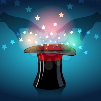 Illustration of magician hat and magic stars and glow