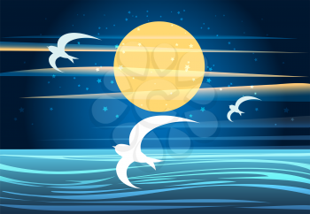 A vector illustration of summer night seascape with full moon and flying seagulls