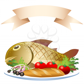 A vector illustration of grill prepared fish with loaf and vegetables