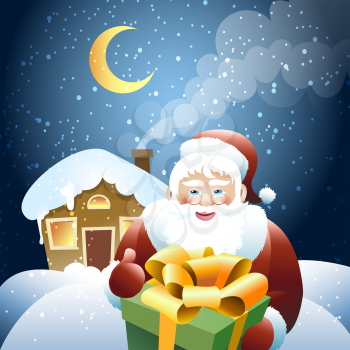 vector illustration of Santa Claus with gift against his hut