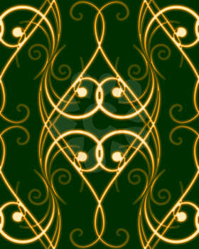 seamless pattern with golden shiny swirles on dark green background