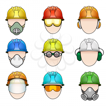 Vector set of colorful human icon with various protective workwear 
