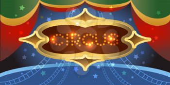 Circus board with shining lamps against stage drawn in a poster style