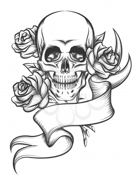 Human skull with roses and blanc ribbon. Illustaration in tattoo style isolated on white background