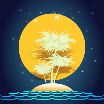 A vector illustration of tropical island in the sea against full moon and stars in midnight sky