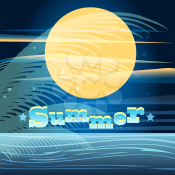 A vector illustration of summer night seascape with full moon and palm leaves