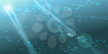 A vector illustration of underwater seascape with school of fishes and sunbeams