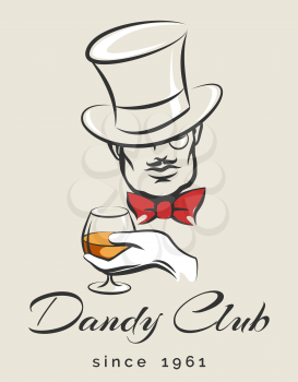 Dandy or Mens Club emblem with gentleman holds glass of scotch. illustration in retro style. Free font used.