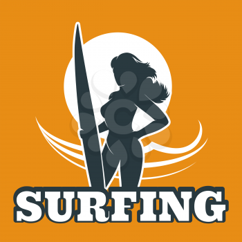 The woman with surfboard against ocean wave. Surfing club emblem.