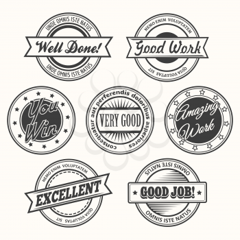 Success motivational and inspirational creative stamps or badges set. Isolated on white. Free font used