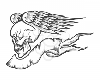 Winged human skull with banner drawn in engraving style. Isolated on white.