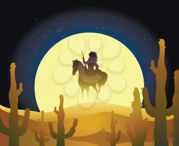 Native American ride a horse against full moon in the desert.