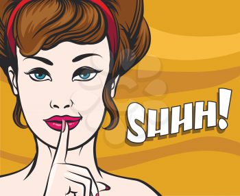 Woman face with Finger on her Lips. Hush gesture and wording Shhh. Illustration in popart style.
