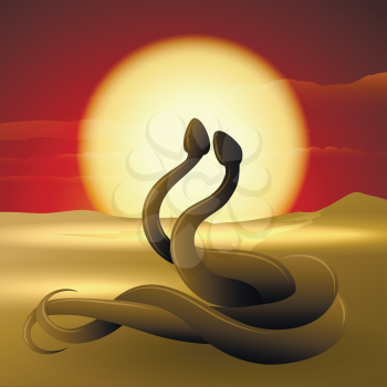Two snakes dancing on a sand dune against desert sunset landscape.
