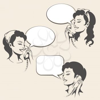 Set of Women talking on a phone with empty speech bubbles. Illustration in retro style.