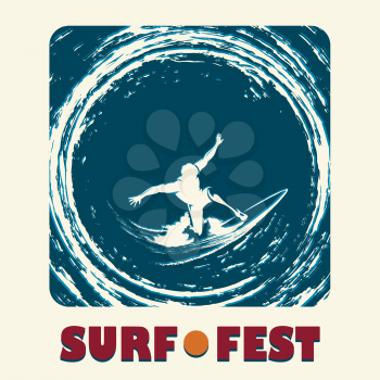 Surf festival emblem with surfer ride on a long board and lettering SURF FEST. Illustration in retro style.