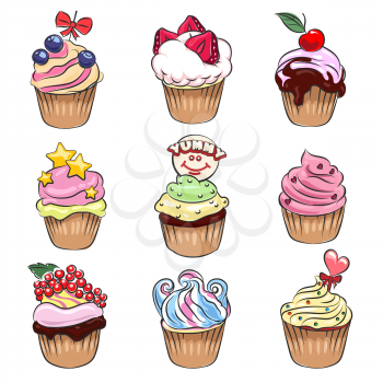 Set of nine colorful delicious cupcakes drawn in cartoon style. Isolated on white background.