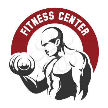 Fitness Center or Gym club Emblem. Sportsman with dumbbells. Sport Fitness club creative concept. Bodybuilder Fitness Model Illustration, Sign, Symbol, badge.