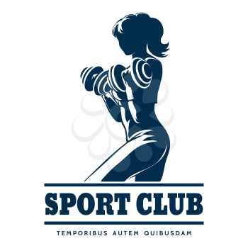 Sport or fitness club emblem. Silhouette of athletic woman with dumbbells. Free font used.