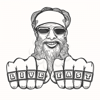 Bearded smiling biker in glasses and bandana holds his fists with club rings Live Fast. Illustration in cartoon style.